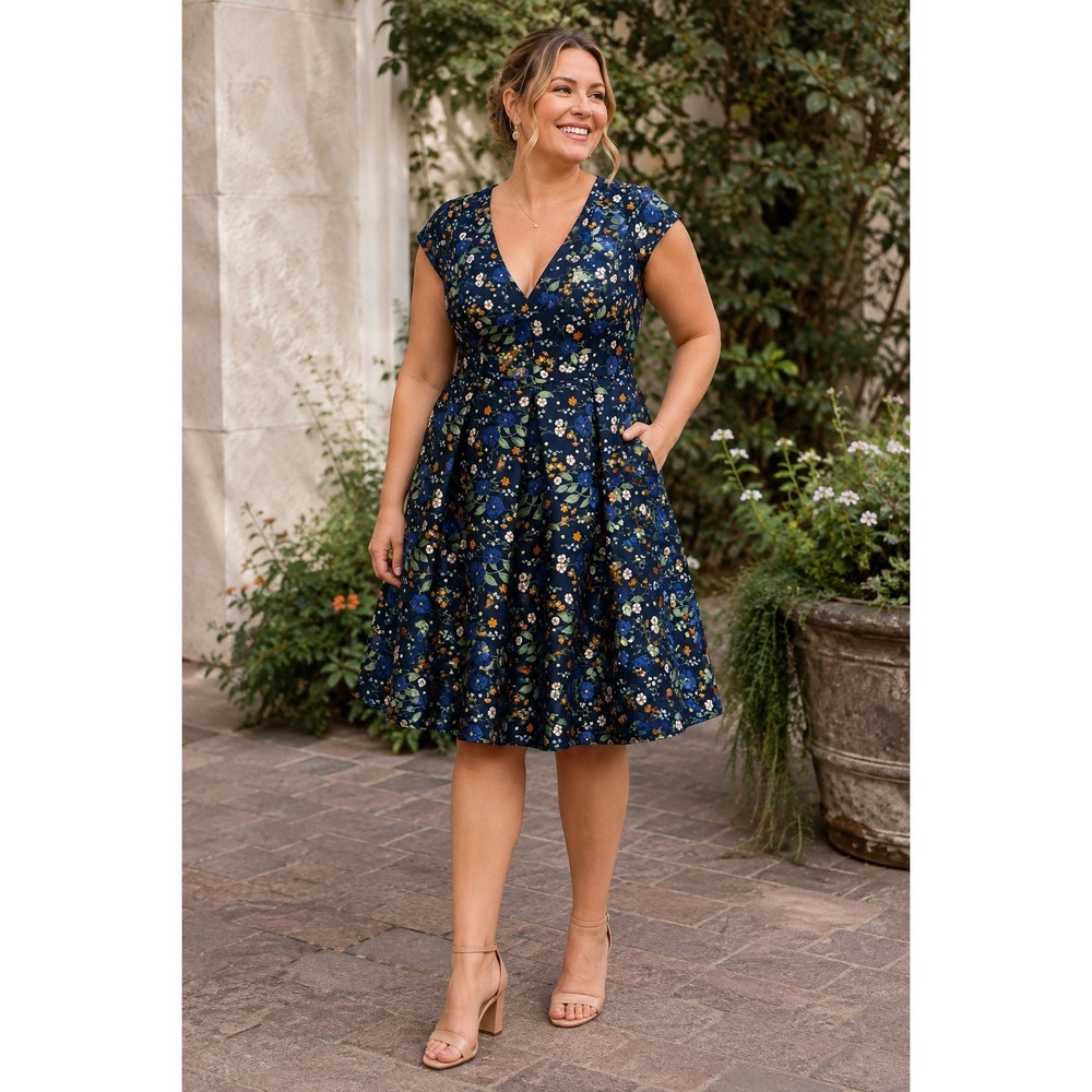 DB Studio Cocktail Dress Blue Floral Fit & Flare V-Neck Size 18 David's Bridal